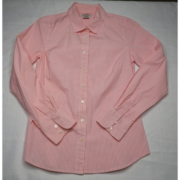 J.Crew Haberdashery Women’s Button Down Shirt XS Pink White Striped Stretch Cott - Picture 1 of 7
